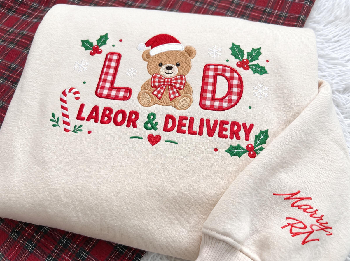 Embroidered Christmas L&D Teddy Bear Sweatshirt, Custom Name Sleeve Labor and Delivery Gingham Nurse Shirt, LND Nurse Gift, Xmas Crewneck