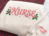 Embroidered Christmas Nurse Sweatshirt, Custom Name Sleeve Candy Cane Gingham Nurse Shirt, RN Xmas Gift, Healthcare Worker Holiday Crewneck