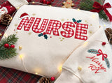Embroidered Christmas Nurse Sweatshirt, Custom Name Sleeve Santa Hat Gingham Nurse Shirt, RN Xmas Gift, Healthcare Worker Holiday Crewneck