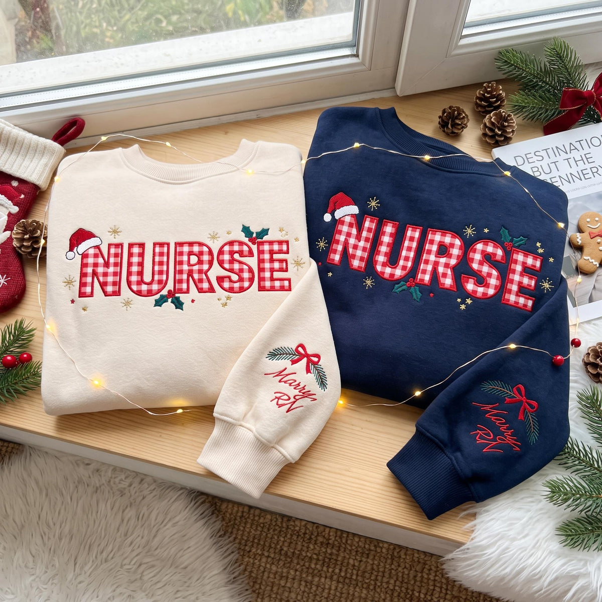 Embroidered Christmas Nurse Sweatshirt, Custom Name Sleeve Santa Hat Gingham Nurse Shirt, RN Xmas Gift, Healthcare Worker Holiday Crewneck