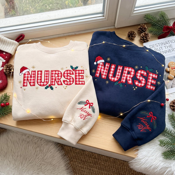 Embroidered Christmas Nurse Sweatshirt, Custom Name Sleeve Santa Hat Gingham Nurse Shirt, RN Xmas Gift, Healthcare Worker Holiday Crewneck