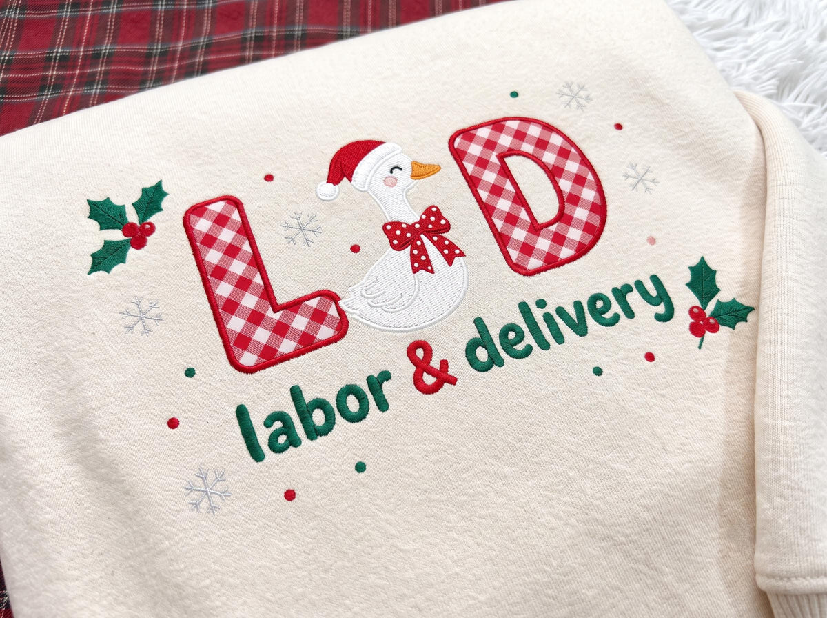 Embroidered Christmas L&D Goose Sweatshirt, Custom Name Sleeve Labor and Delivery Gingham Nurse Shirt, LND Nurse Gift, Xmas Crewneck