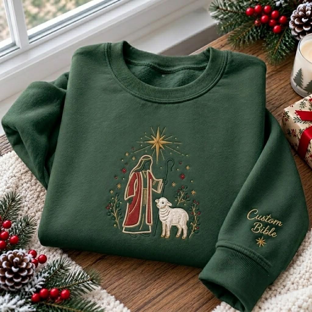 Shepherd Lamb Star Christmas Embroidered Sweatshirt, Custom Bible Verse Faith Crewneck