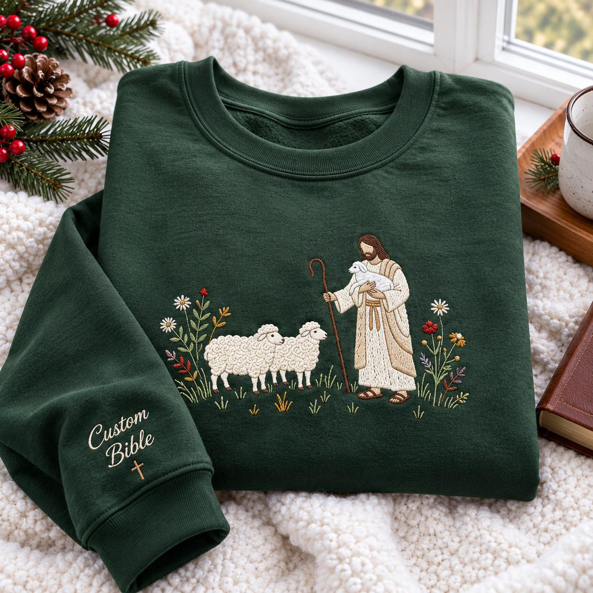 Jesus The Good Shepherd Embroidered Sweatshirt, Custom Bible Verse Lamb Faith Crewneck
