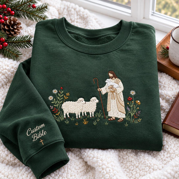 Jesus The Good Shepherd Embroidered Sweatshirt, Custom Bible Verse Lamb Faith Crewneck