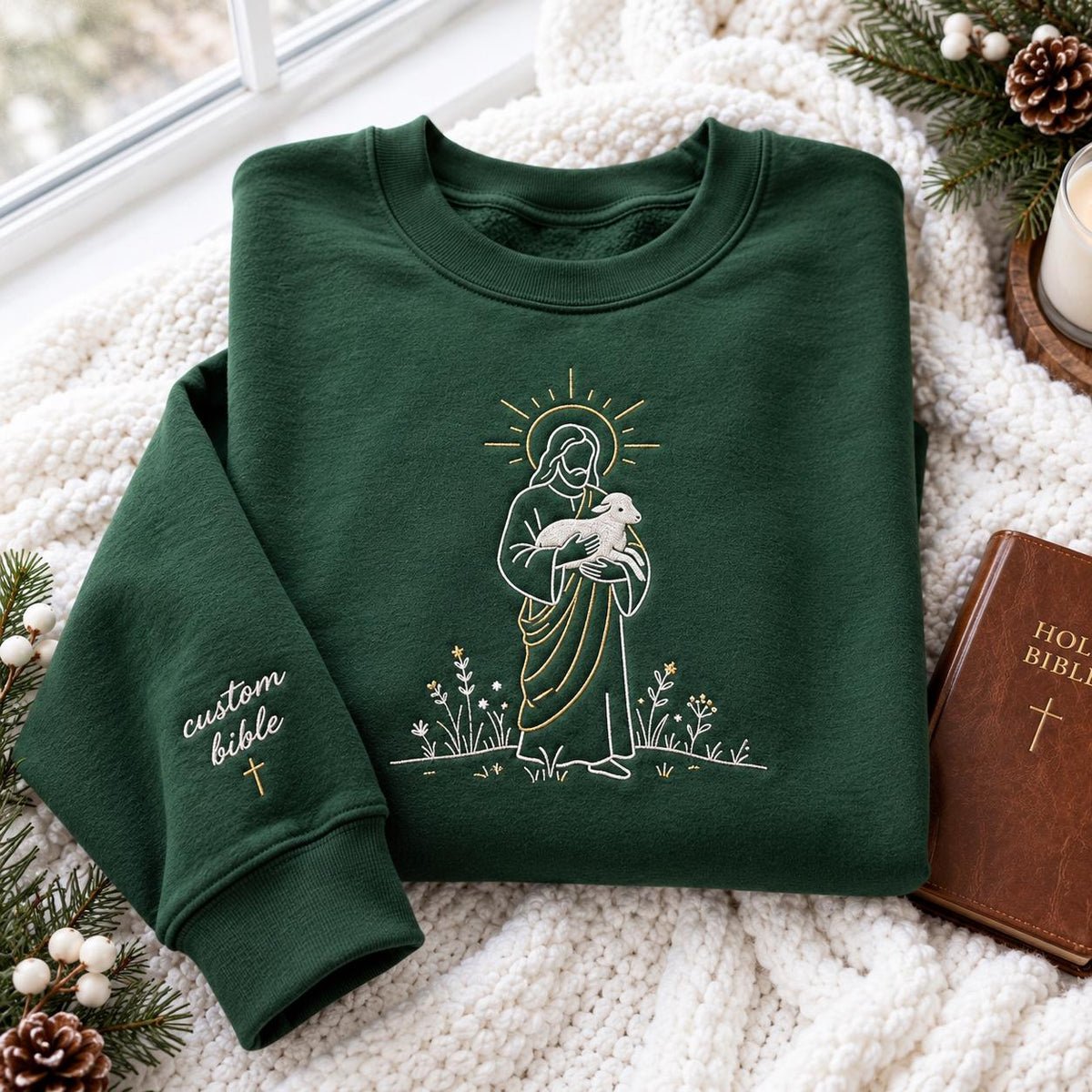 Jesus Holding Lamb Christmas Embroidered Sweatshirt, Custom Bible Verse Faith Crewneck