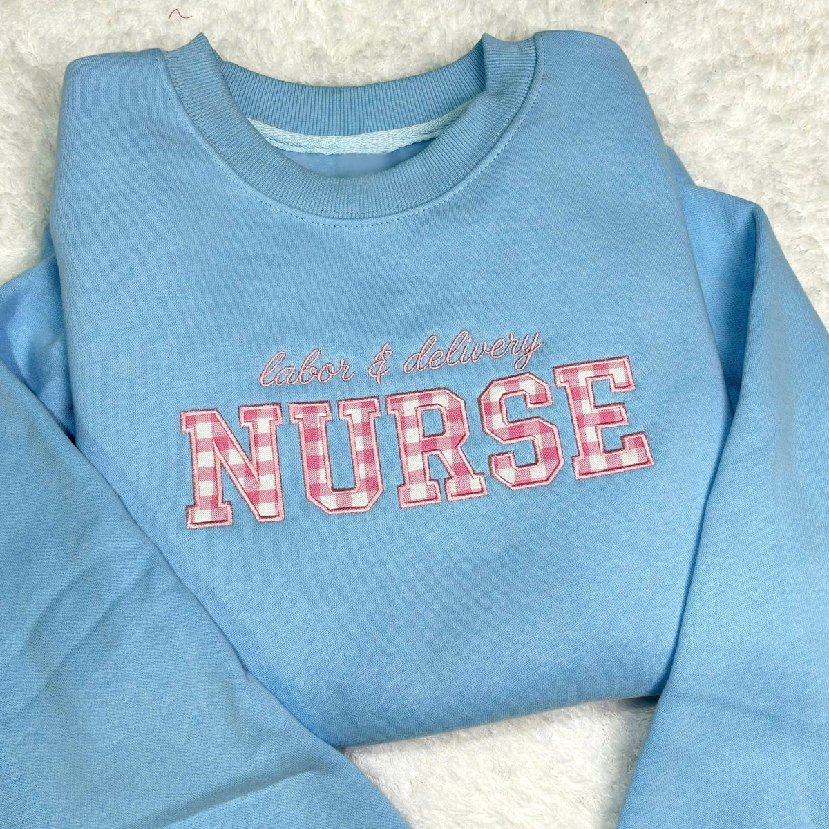 Custom Embroidered Labor and Delivery Nurse Sweatshirt, Custom L and D Nurse Shirt, Coquette Gingham Nurse Crewneck, Future LND Nurse Gift