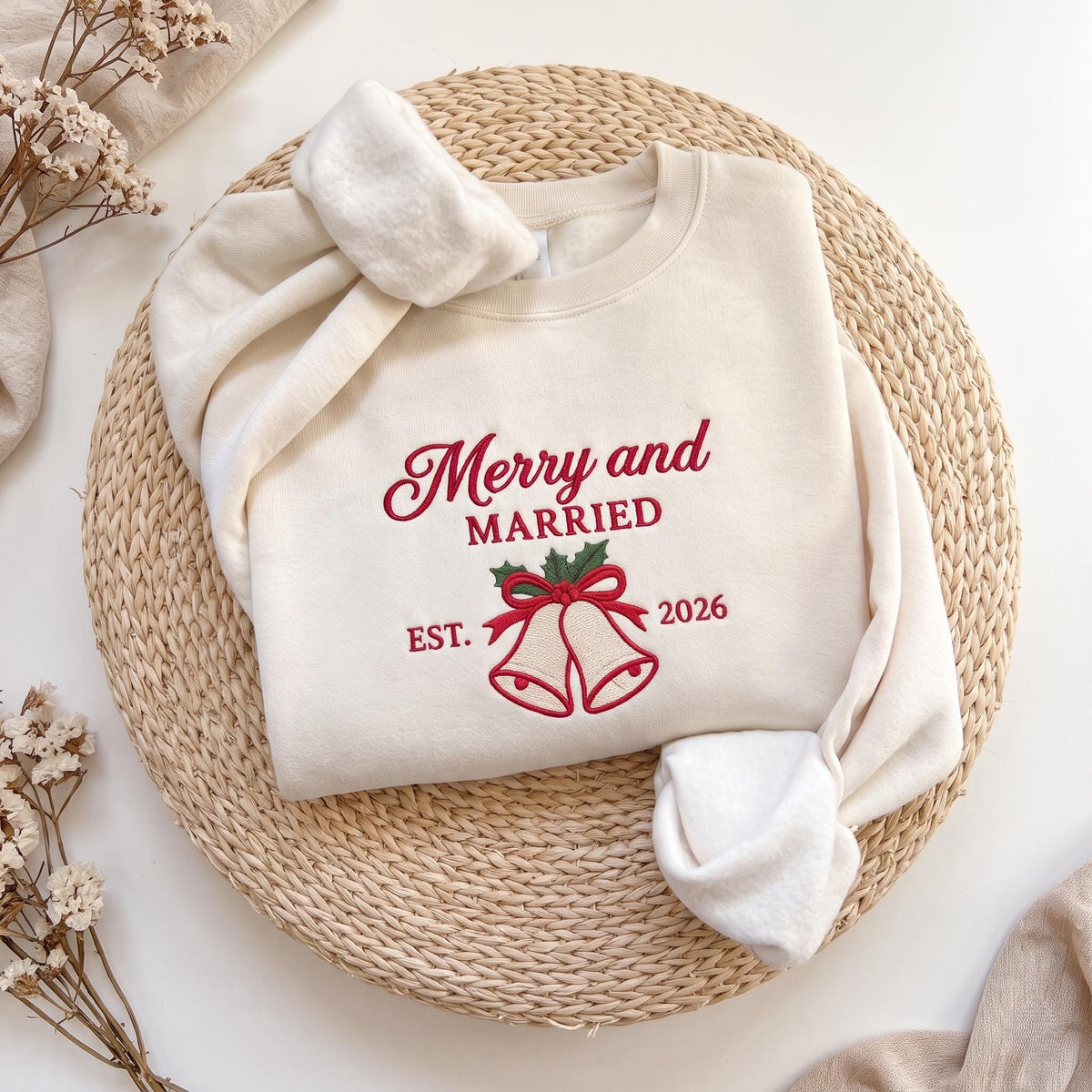 Merry and Married Embroidered Sweatshirt, Custom Established Year Wedding Bells Crewneck