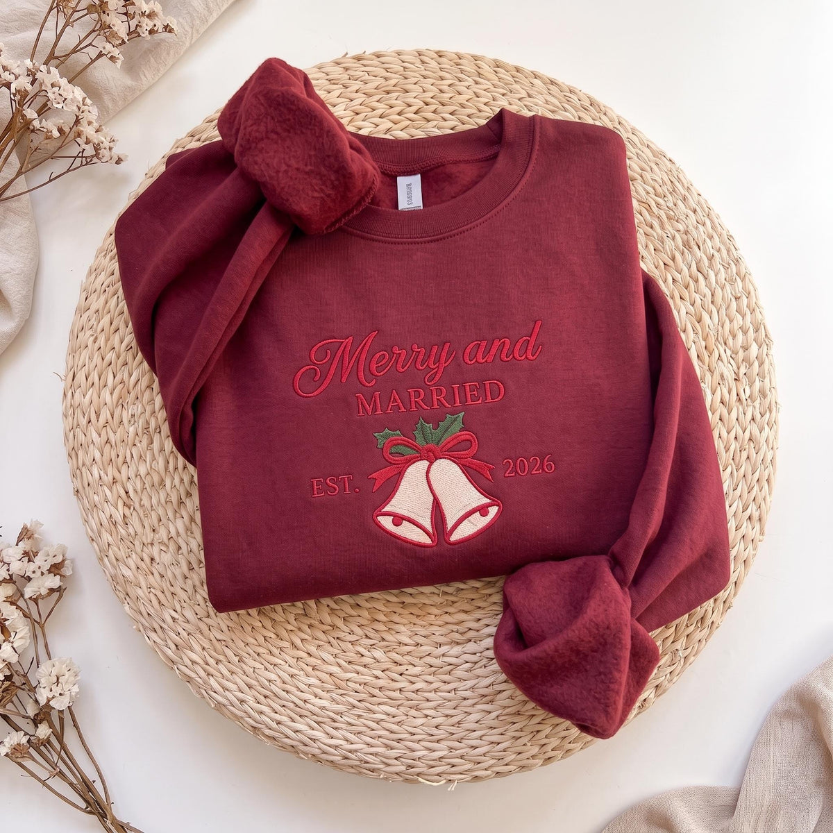 Merry and Married Embroidered Sweatshirt, Custom Established Year Wedding Bells Crewneck