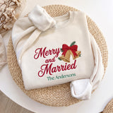 Merry and Married Embroidered Sweatshirt, Custom Last Name Wedding Bells Xmas Crewneck