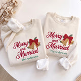 Merry and Married Embroidered Sweatshirt, Custom Last Name Wedding Bells Xmas Crewneck