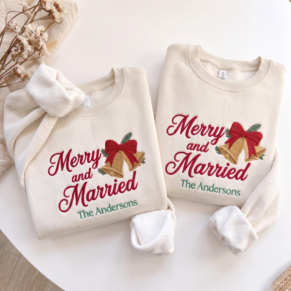 Merry and Married Embroidered Sweatshirt, Custom Last Name Wedding Bells Xmas Crewneck