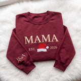 Mama Dada Christmas Embroidered Sweatshirt, Custom Sleeve Initials Santa Hat Crewneck