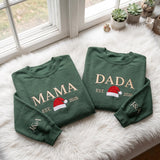 Mama Dada Christmas Embroidered Sweatshirt, Custom Sleeve Initials Santa Hat Crewneck