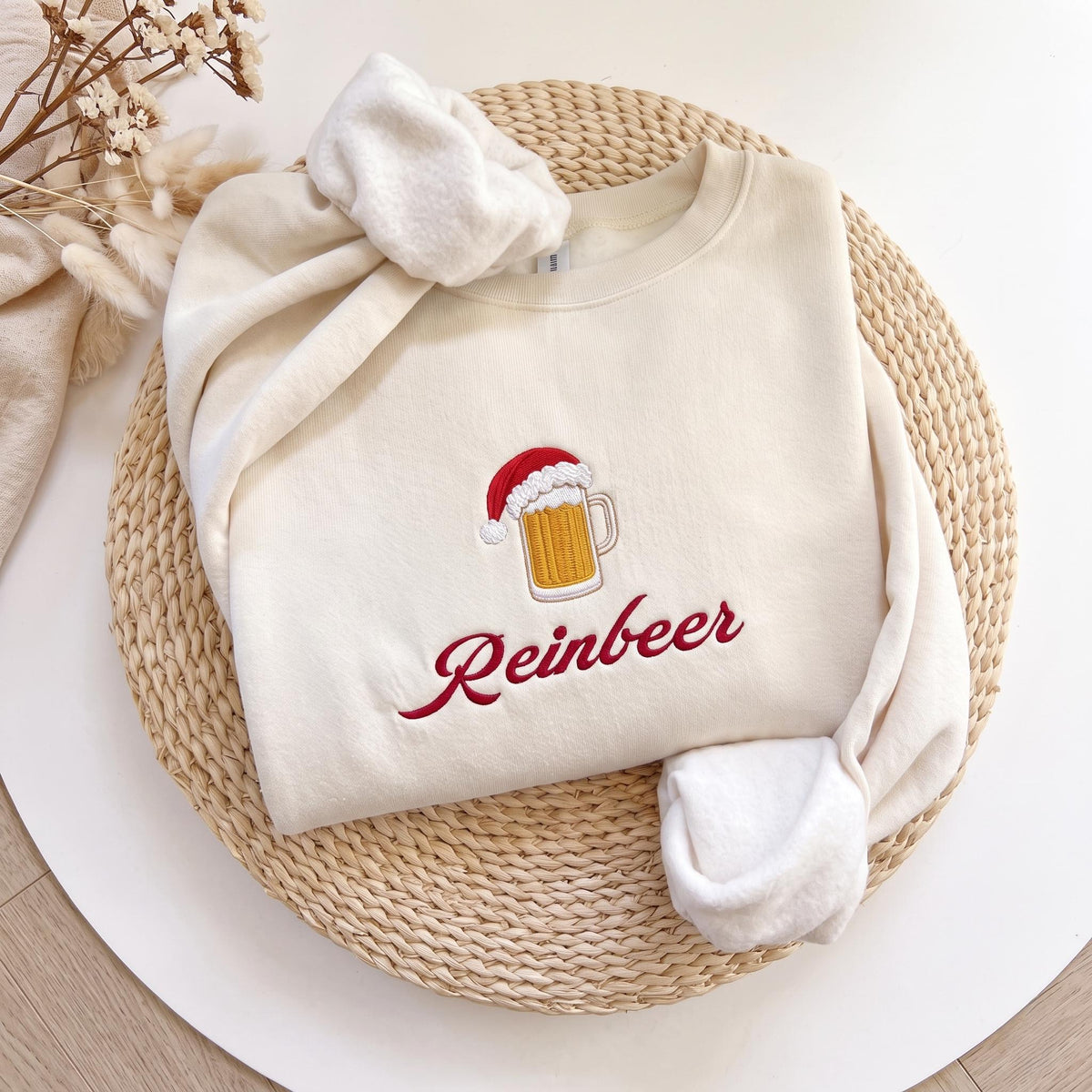 Winedeer Reinbeer Christmas Sweatshirt, Funny Couple Wine Beer Embroidered Crewneck