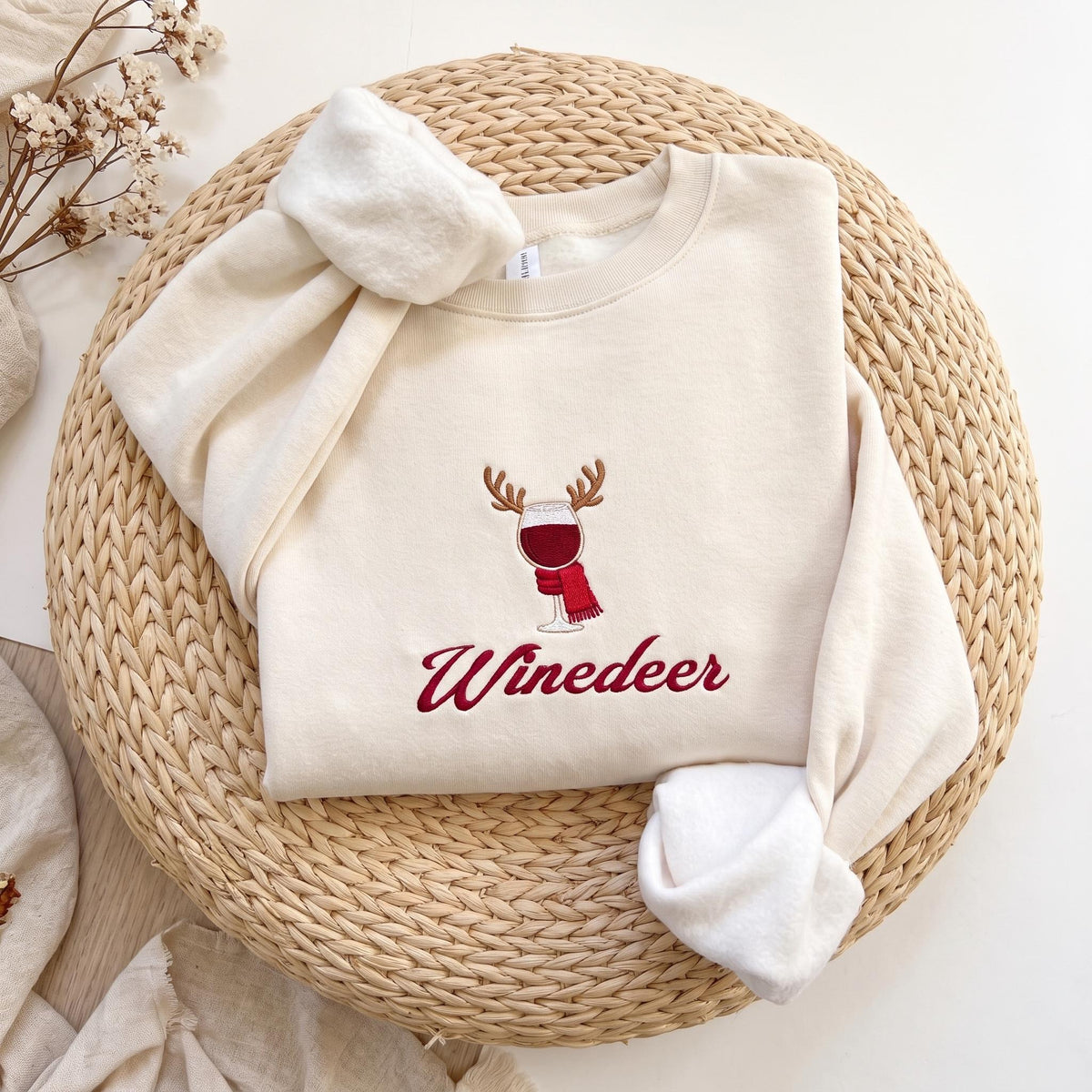Winedeer Reinbeer Christmas Sweatshirt, Funny Couple Wine Beer Embroidered Crewneck