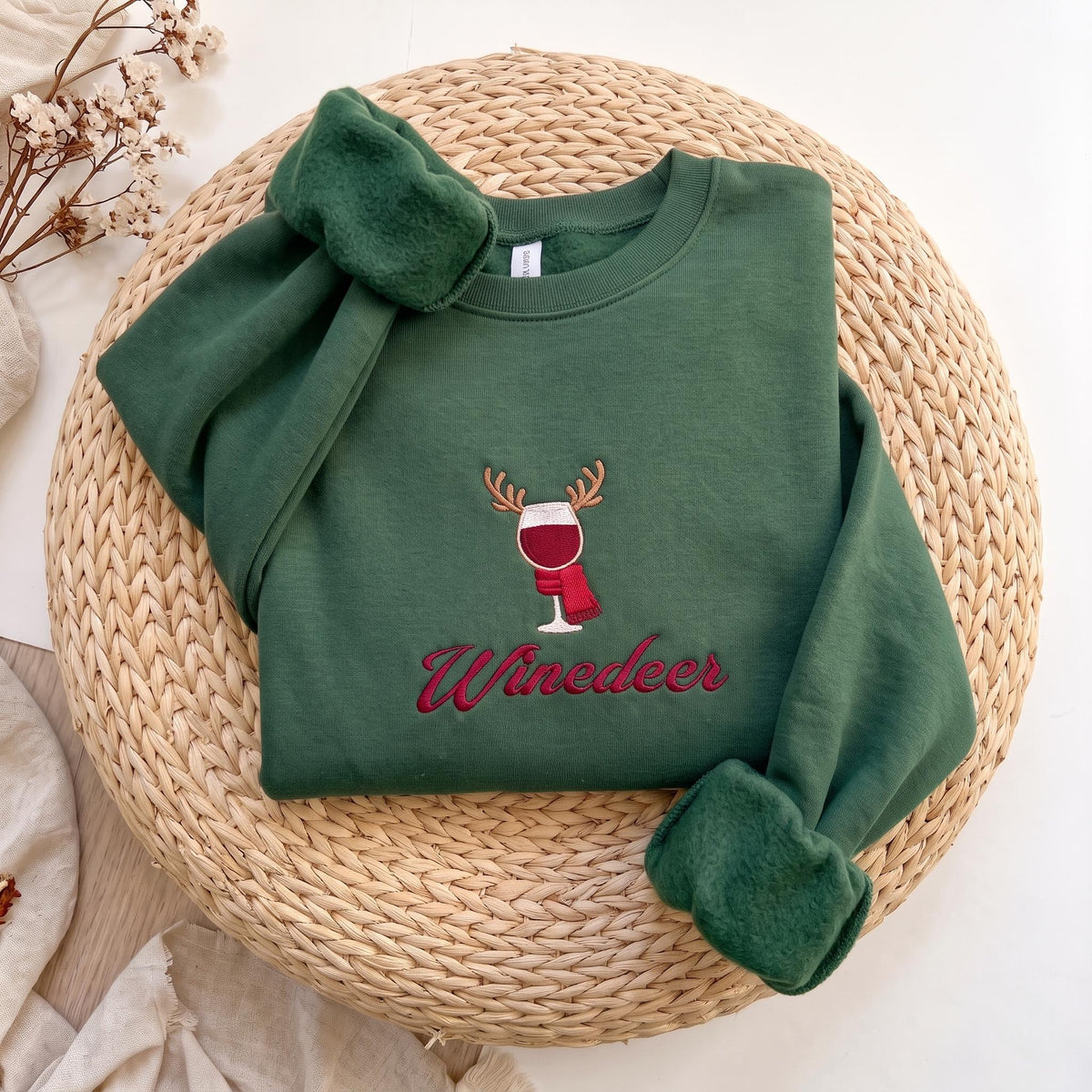 Winedeer Reinbeer Christmas Sweatshirt, Funny Couple Wine Beer Embroidered Crewneck