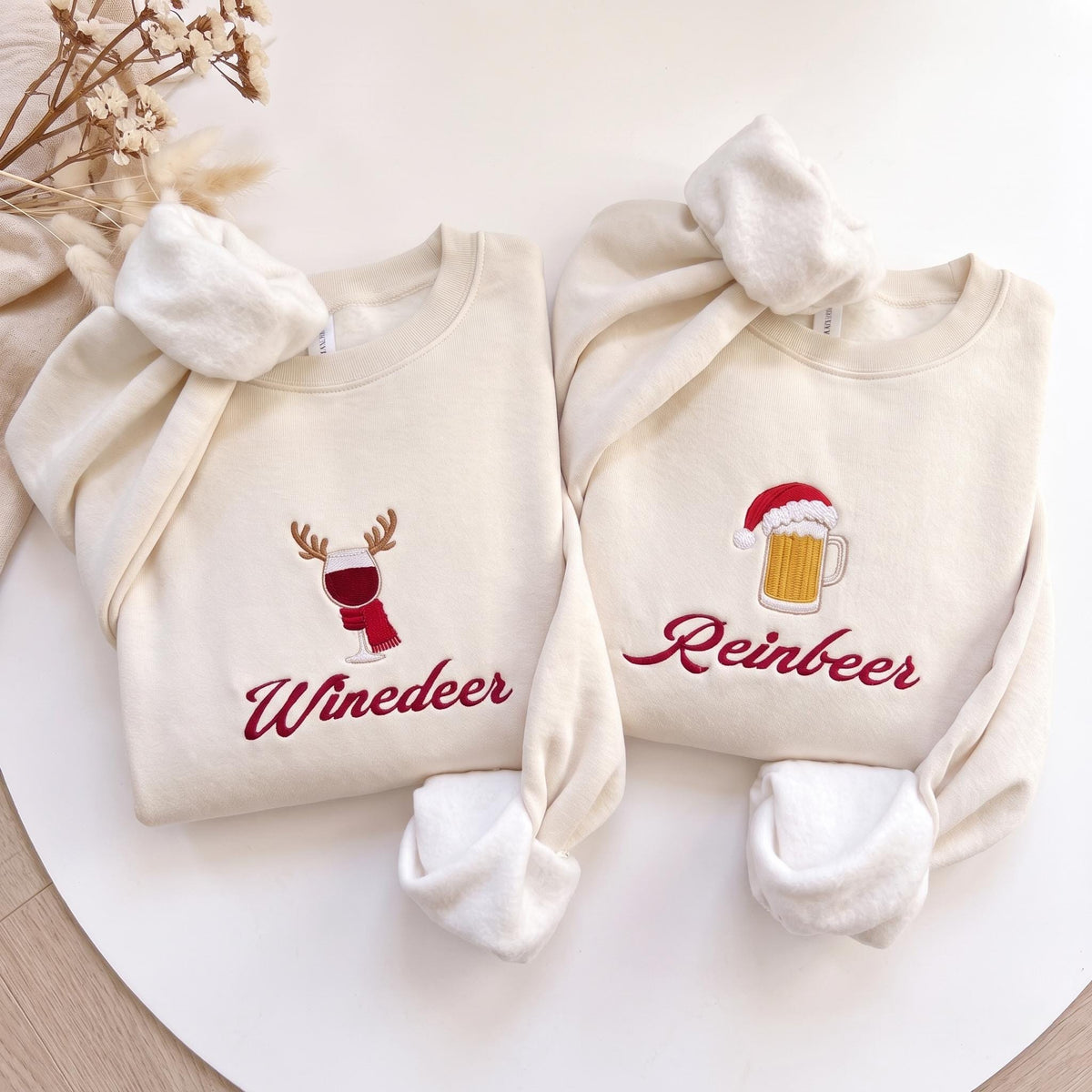 Winedeer Reinbeer Christmas Sweatshirt, Funny Couple Wine Beer Embroidered Crewneck