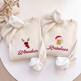 Winedeer Reinbeer Christmas Sweatshirt, Funny Couple Wine Beer Embroidered Crewneck