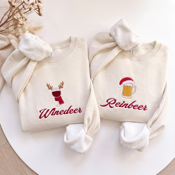 Winedeer Reinbeer Christmas Sweatshirt, Funny Couple Wine Beer Embroidered Crewneck
