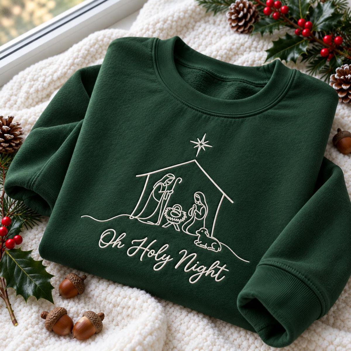 Oh Holy Night Nativity Embroidered Sweatshirt, Christian Star Faith Holiday Crewneck