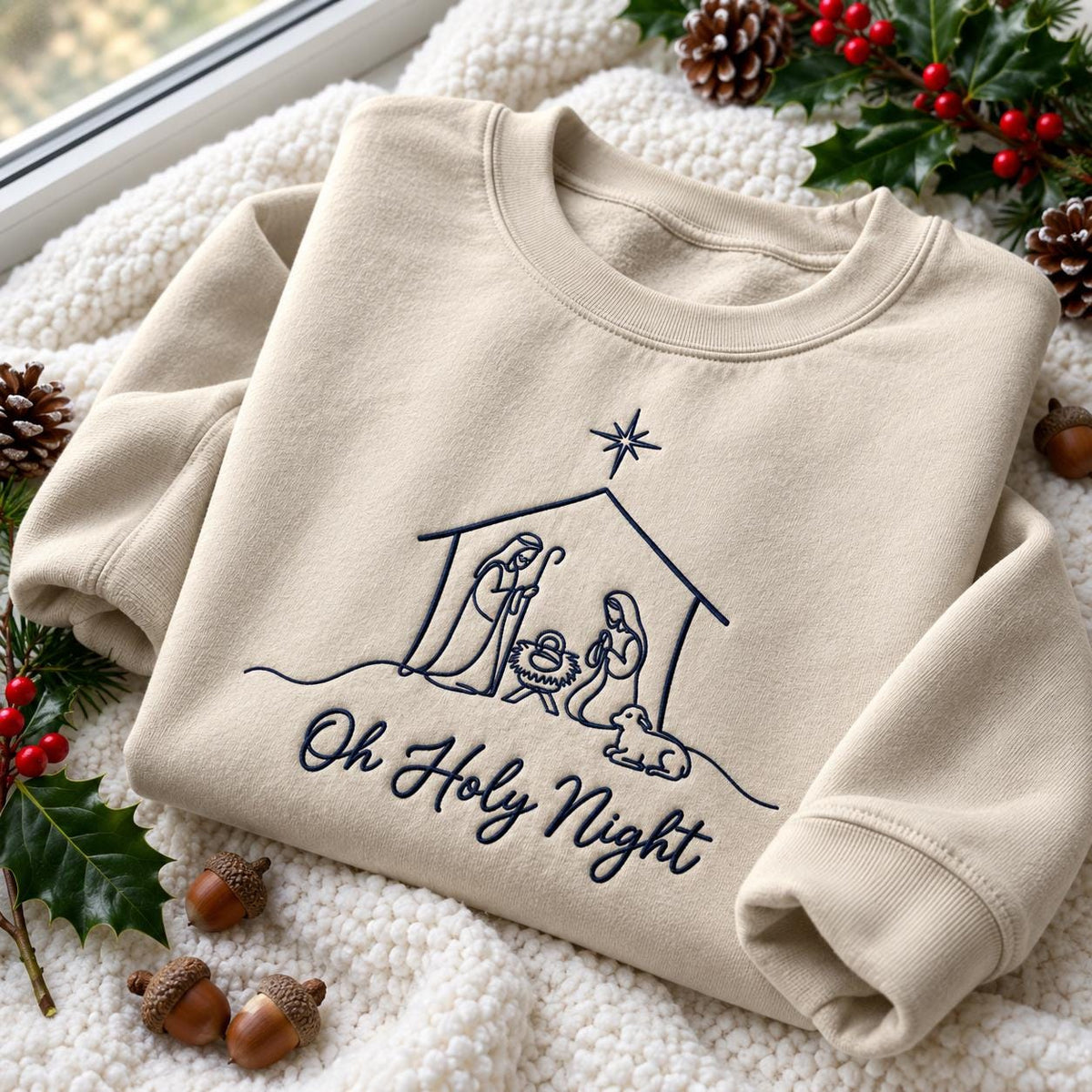 Oh Holy Night Nativity Embroidered Sweatshirt, Christian Star Faith Holiday Crewneck