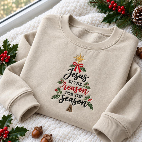Jesus Is The Reason Embroidered Sweatshirt, Bow Christmas Tree Christian Holiday Crewneck
