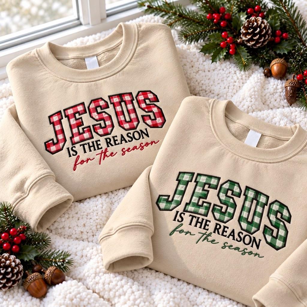 Jesus Is The Reason Embroidered Sweatshirt, Custom Applique Gingham Christian Crewneck