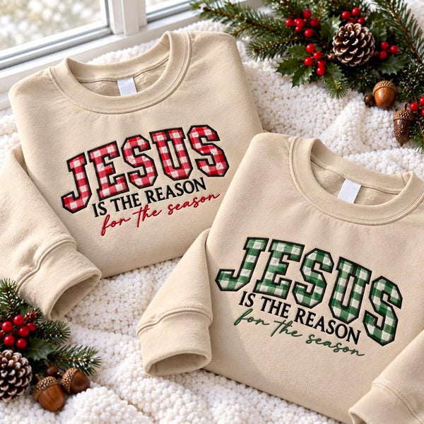 Jesus Is The Reason Embroidered Sweatshirt, Custom Applique Gingham Christian Crewneck