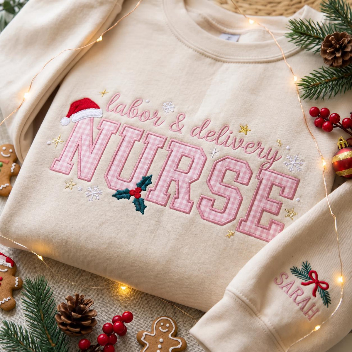 Embroidered Christmas Labor and Delivery Nurse Sweatshirt, Custom Name Sleeve Santa Hat Gingham L&D Nurse Shirt, LND Nurse Gift Crewneck