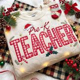 Embroidered Christmas Teacher Sweatshirt, Custom Gingham Santa Hat Grade Teacher Shirt, Pre-K 1st 2nd 3rd Grade Teacher Xmas Gift Crewneck