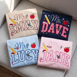 Embroidered Christmas Custom Name Teacher Sweatshirt, Personalized Pencil Apple Gingham Teacher Shirt, Festive Holiday School Gift Crewneck