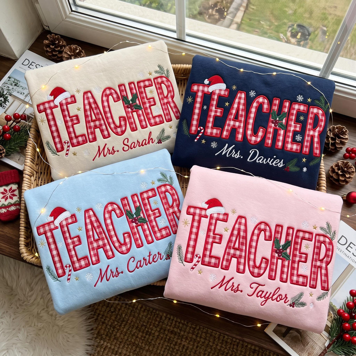 Embroidered Christmas Custom Name Teacher Sweatshirt, Personalized Gingham Santa Hat Teacher Shirt, Festive Holiday School Gift Crewneck