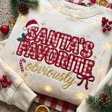 Embroidered Christmas Santas Favorite Sweatshirt, Custom Gingham Santa Hat Bow Candy Cane Shirt, Funny Xmas Holiday Crewneck Gift Sweater