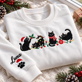 Funny Black Cats Christmas Embroidered Sweatshirt, Personalized Santa Hat Kitty Crewneck