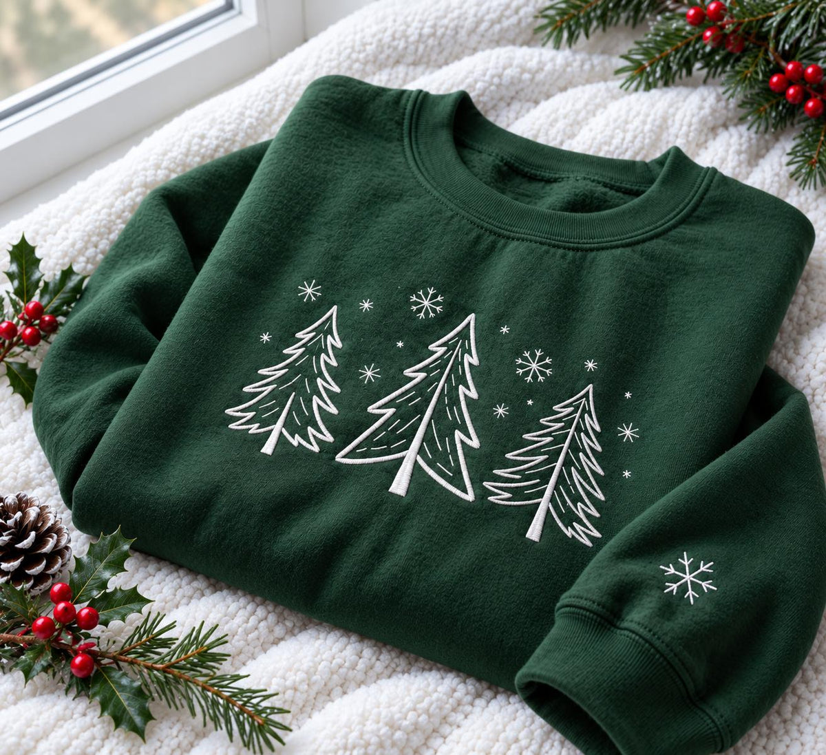 Minimalist Christmas Trees Embroidered Sweatshirt, Pine Tree Snowflake Winter Crewneck