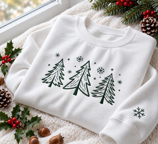 Minimalist Christmas Trees Embroidered Sweatshirt, Pine Tree Snowflake Winter Crewneck