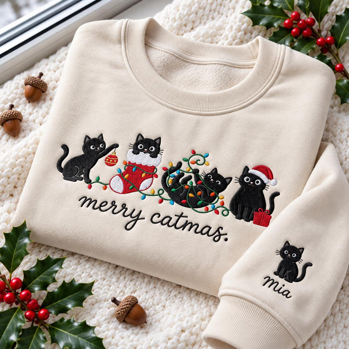 Merry Catmas Black Cat Embroidered Sweatshirt, Personalized Sleeve Name Crewneck