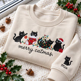 Merry Catmas Black Cat Embroidered Sweatshirt, Personalized Sleeve Name Crewneck