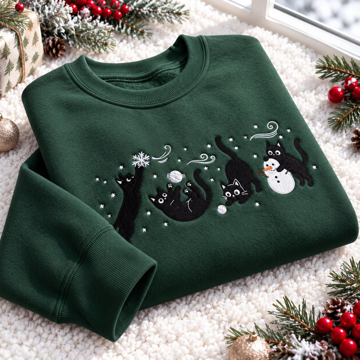 Black Cats Snow Day Embroidered Sweatshirt, Cute Kitten Snowman Winter Crewneck