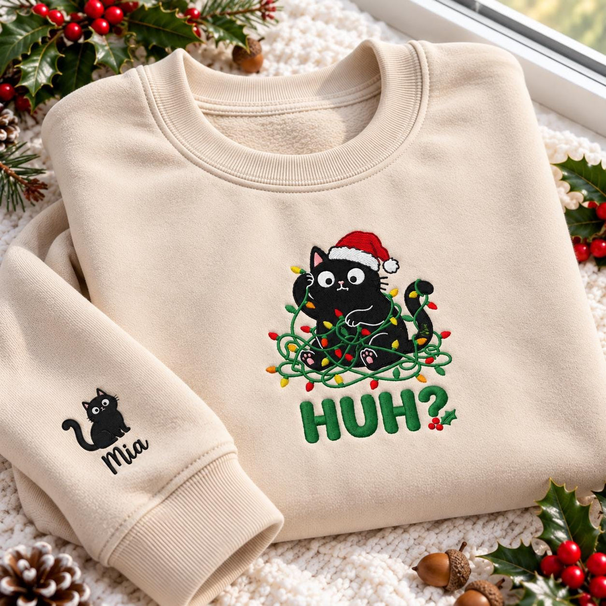 HUH Black Cat Embroidered Sweatshirt, Kitten In Christmas Lights Sleeve Name Crewneck