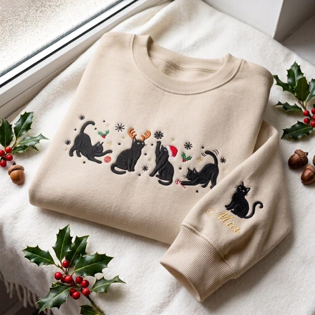 Embroidered Black Cat Christmas Sweatshirt, Funny Feline Holiday Festive Crewneck