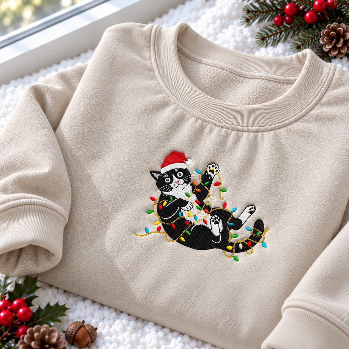 Tuxedo Cat Santa Hat Embroidered Sweatshirt, Cat Tangled In Holiday Lights Crewneck