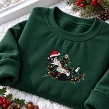 Tuxedo Cat Santa Hat Embroidered Sweatshirt, Cat Tangled In Holiday Lights Crewneck