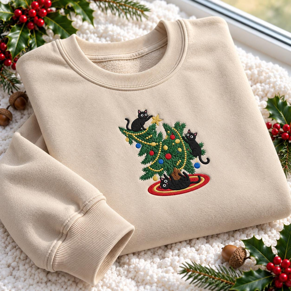Christmas Black Cat Embroidered Sweatshirt, Cute Climbing Pine Tree Xmas Crewneck