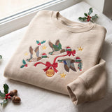 Embroidered Christmas Mallard Duck Sweatshirt, Custom Flying Duck Ribbon Bauble Santa Hat Shirt, Hunting Lover Xmas Gift Holiday Crewneck