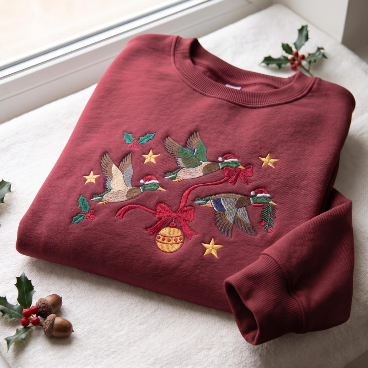Embroidered Christmas Mallard Duck Sweatshirt, Custom Flying Duck Ribbon Bauble Santa Hat Shirt, Hunting Lover Xmas Gift Holiday Crewneck