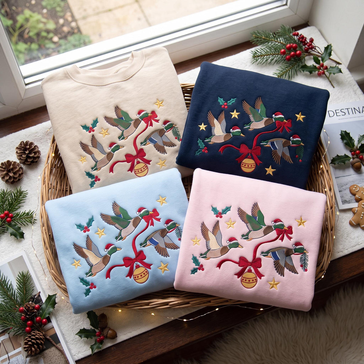 Embroidered Christmas Mallard Duck Sweatshirt, Custom Flying Duck Ribbon Bauble Santa Hat Shirt, Hunting Lover Xmas Gift Holiday Crewneck