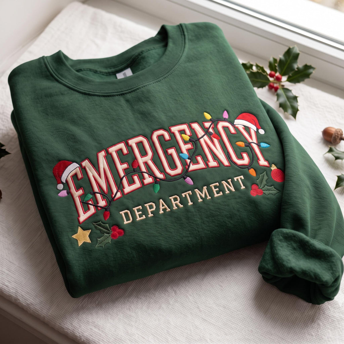 Christmas Emergency Department Sweatshirt, Custom ER Nurse Santa Hat Embroidered Crewneck