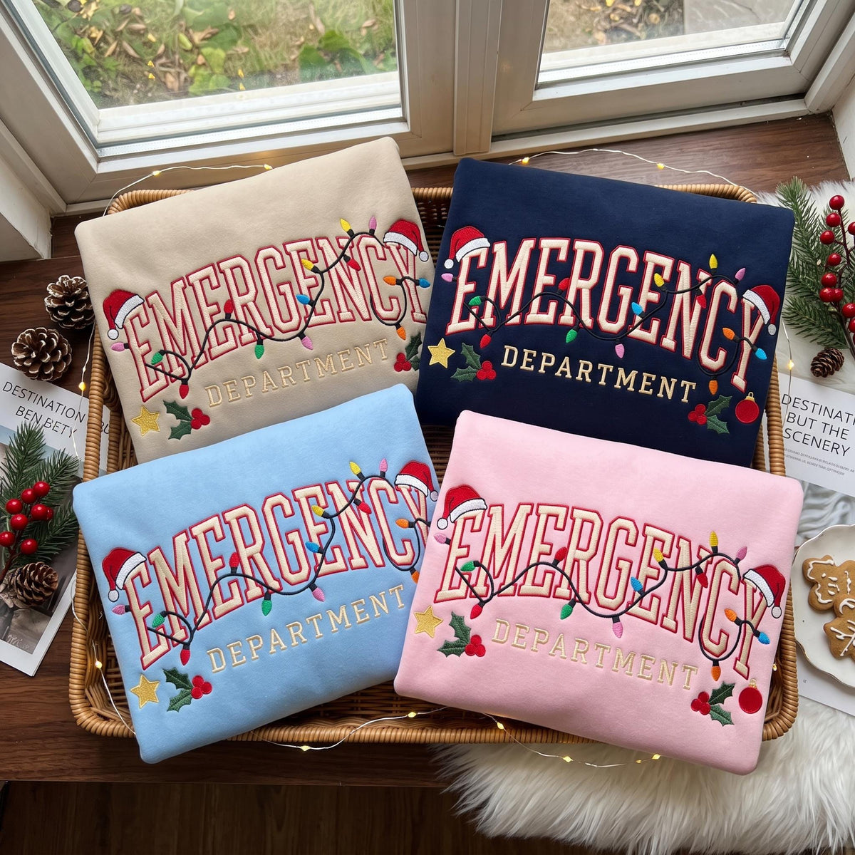 Christmas Emergency Department Sweatshirt, Custom ER Nurse Santa Hat Embroidered Crewneck